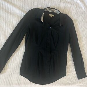 Burberry Black Button-Down Shirt with Plaid Collar Trim